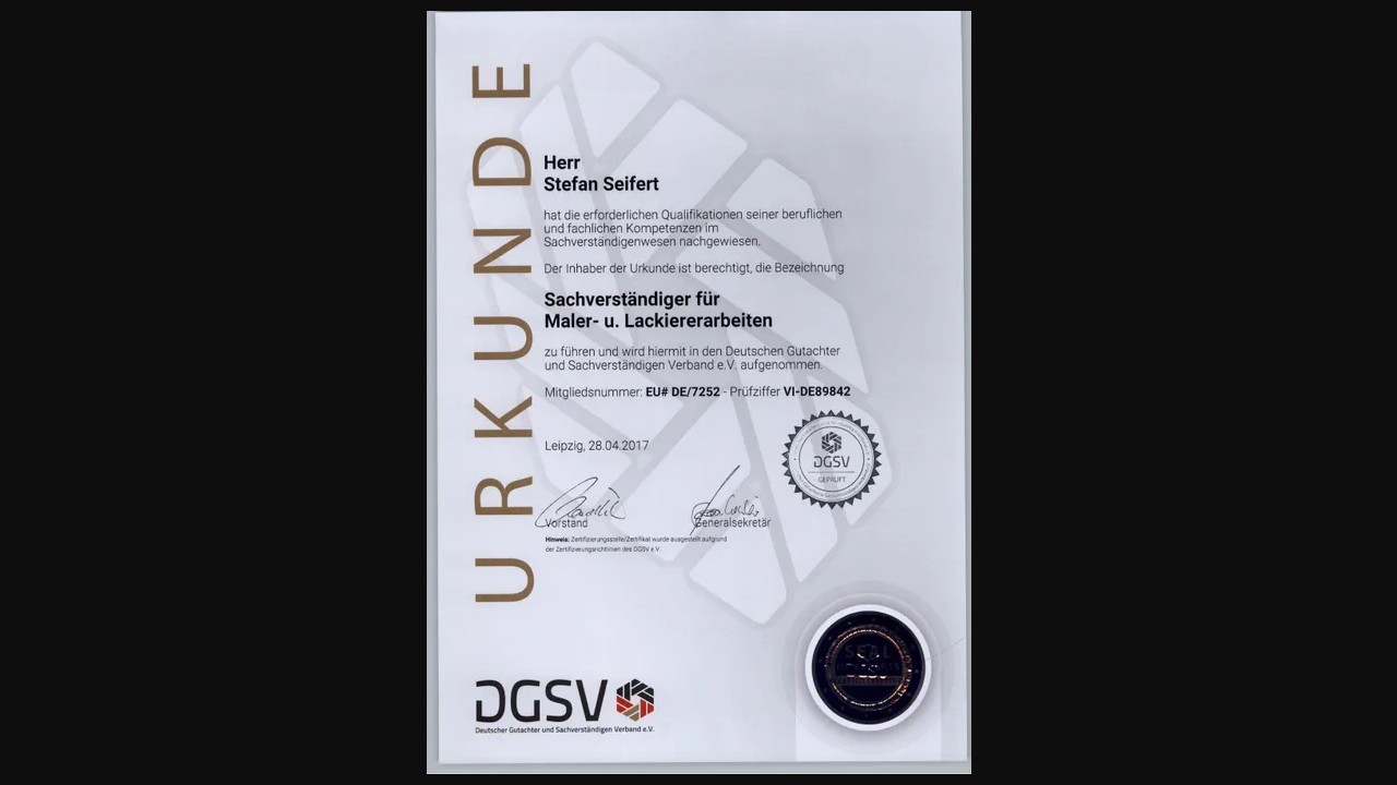 DGSV-Sachverständigen-Urkunde für Maler- und Lackiererarbeiten